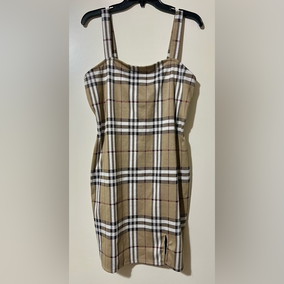NWT Just Polly Plaid Mini Dress in Tan - Picture 1 of 4